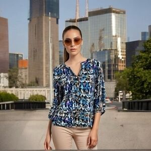 NYDJ Multicolor Abstract Print Blouse Women Sz M 3/4 Sleeve Polyester Shirt EXC